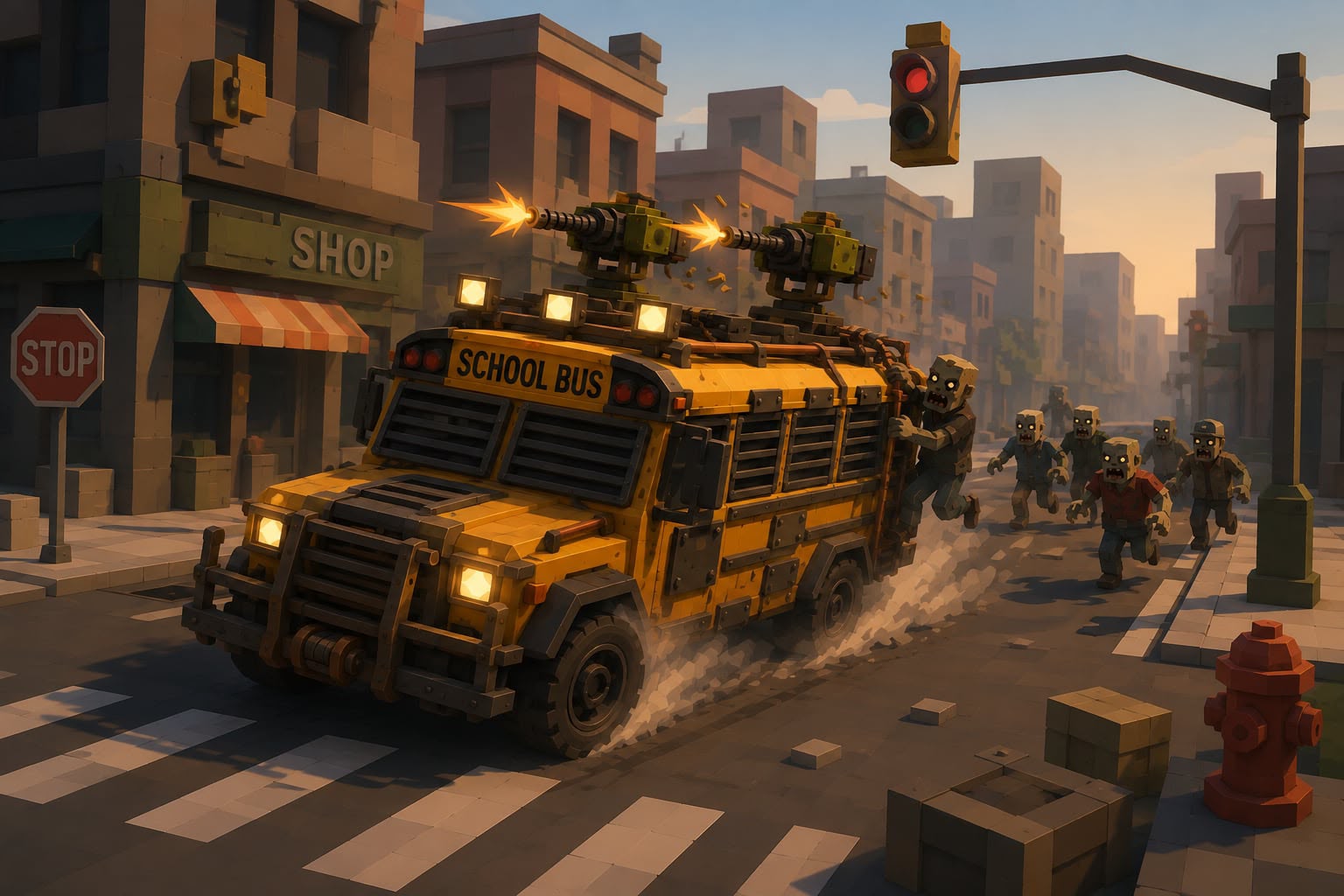 An armored school bus with roof-mounted guns plowing through a zombie horde in Zombie Wars